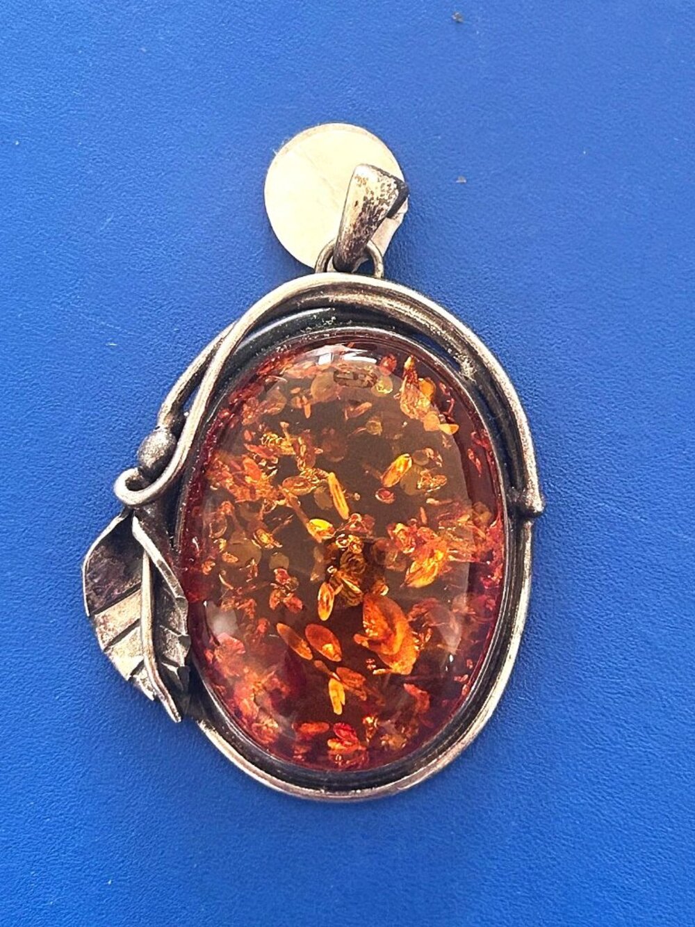 LARGE Vintage Solid Sterling Silver 925 Genuine Baltic Honey Amber Leaf Pendant